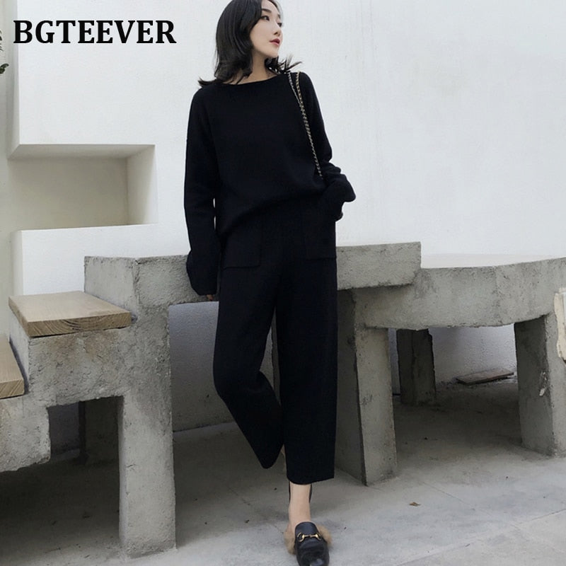 Casual Sweater Tracksuit O-neck Pullovers & High Waist Pants Women Sweater Sets Knitted Set Autumn Winter Knitted 2 Pieces Set