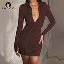 INGOO Pleated Slim Turn-Down Collar Shirt Dress Women Casual Long Sleeve Button Up Mini Dresses Bodycon Solid Elegant Streetwear