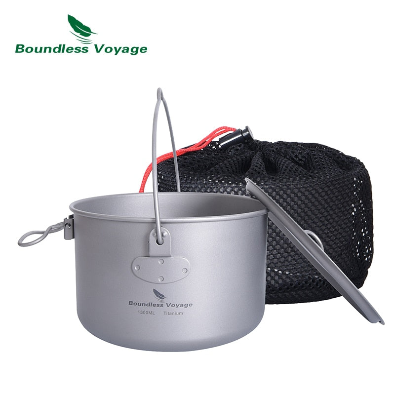 Boundless Voyage Outdoor Titanium Hanging Pot with Handle Camping Hiking Picnic Tableware Foldable Mug Kettle 1300ml