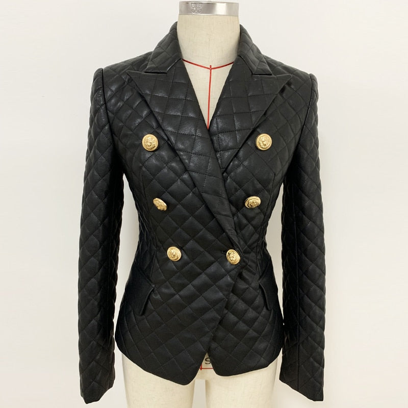 TOP QUALITÄT 2022 Neueste Designerjacke Damen Zweireiher Lion Buttons Grid Sewing Kunstleder-Blazer