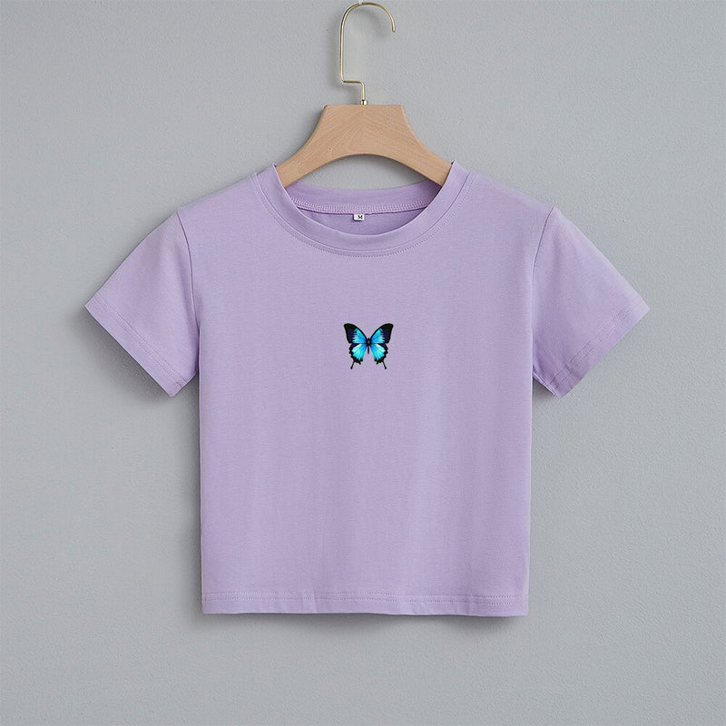 Fashion Cartoon Blue Butterfly Print Crop Top Harajuku O Neck Cropped T Shirt Cute Women T-shirt Gothic Women Tshirt Streetwear