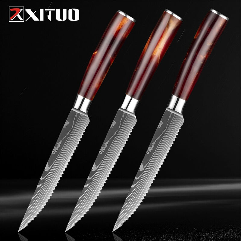 XITUO Steak Knife Set Damascus Pattern Stainless Steel Serrated Knife Beef Cleaver Multipurpose Restaurant Cutlery Table Knife