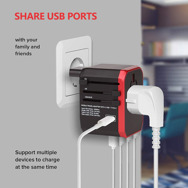 Adaptador de viaje Rdxone Adaptador de corriente universal internacional Todo en uno con 5 USB Cargador de pared mundial para Reino Unido / UE / EE. UU. / Asia