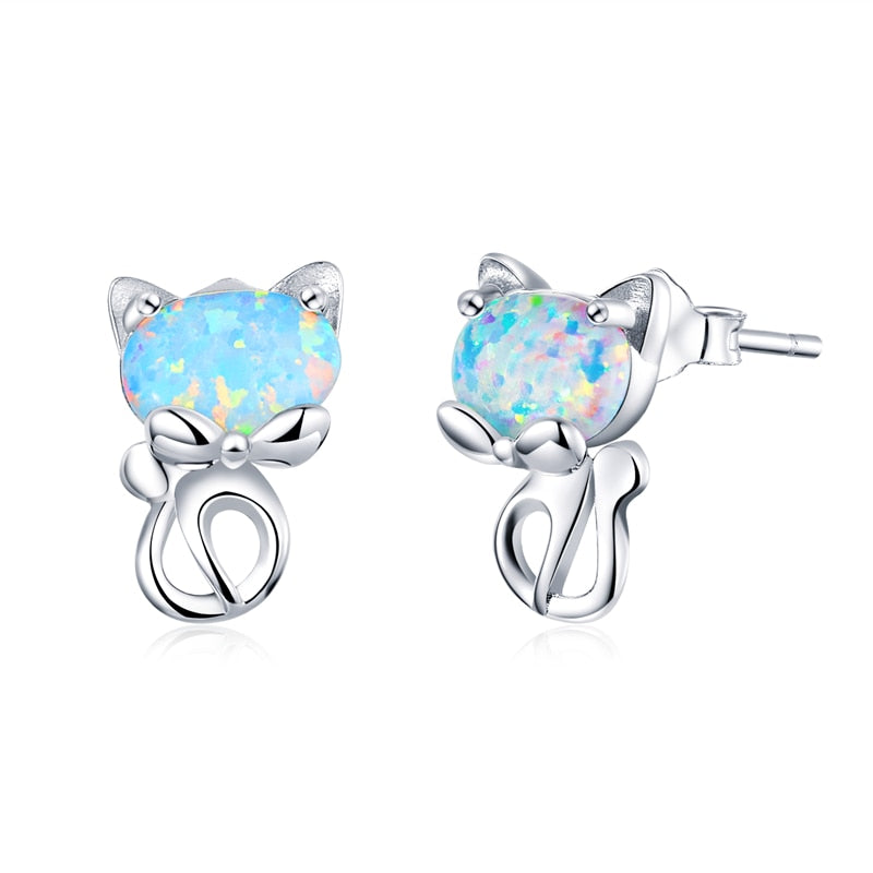 WOSTU 925 Sterling Silver Opal Stud Earrings Cat Unicorn Heart Blue Opal Earrings For Women Original Silver 925 Jewelry