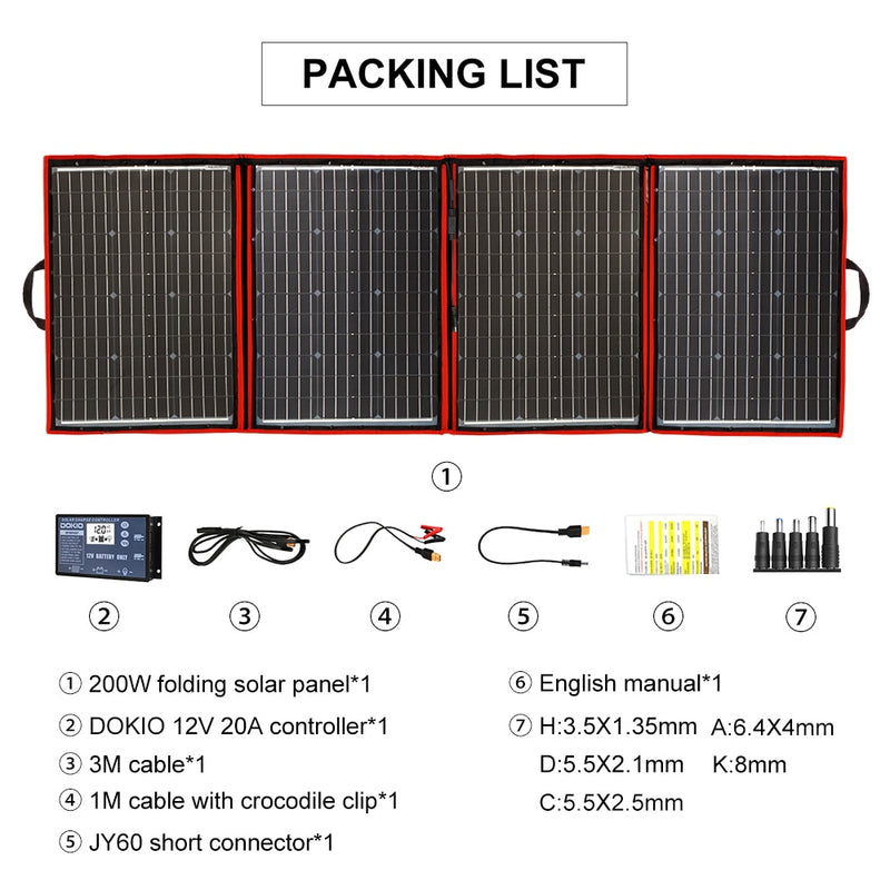 Marca Dokio, Panel Solar Flexible plegable de 200W (50Wx4), Panel Solar portátil de alta potencia para RV, barco y viaje, Panel Solar de 200W