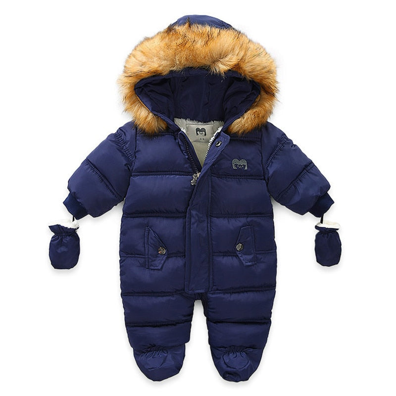 Children Winter Jumpsuit Fur Hood Baby Girl Boy Snowsuit Russian Winter Infant Outerwear Ovealls Baby Thick Rompers with Gloves
