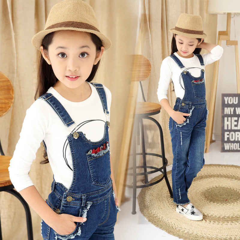 Kinder-Denim-Overall-Overall für Mädchen, Loch, zerrissene Jeanshosen, Kinder-Denim-Latzhose, Teenager-Jeans-Hosenträgerhose