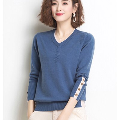 Shintimes V-Neck Button Women Sweater Long Sleeve Slim 2022 Autumn Sweaters Pullovers Womens Clothing Fall Knitted Pull Femme