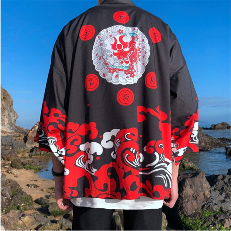 Bebovizi Dragon Print Yukata Men Women Fashion Cardigan Loose Blouse Haori Obi Asian Clothes Harajuku Japanese Cosplay Kimono