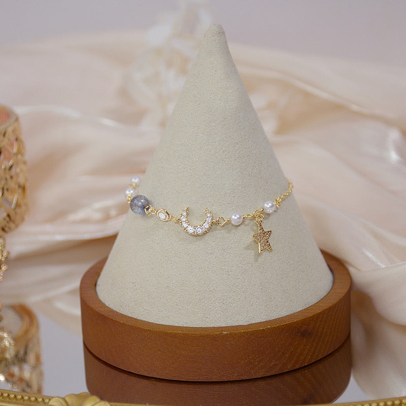 Exquisita pulsera Bohemia de lujo con luna y estrella para mujer, brazalete de hilo de oro auténtico de 14k, Pulseras, accesorios de regalo de cumpleaños y aniversario