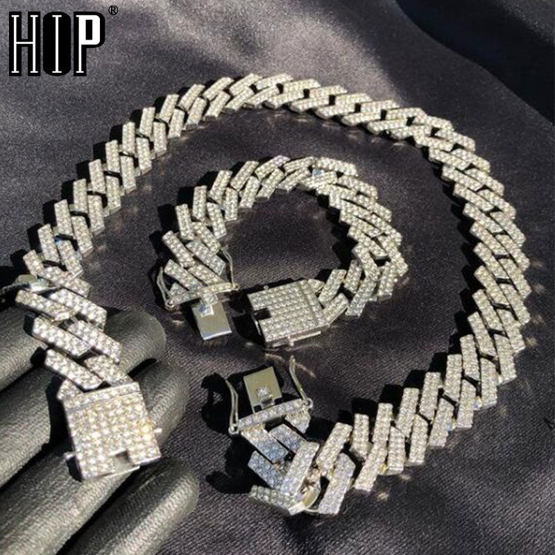 Hip Hop 1kit 20MM Silver Color Heavy Full Iced Out Paved Rhinestones Prong Cuban Chain CZ Bling Choker Necklaces For Men Jewelry