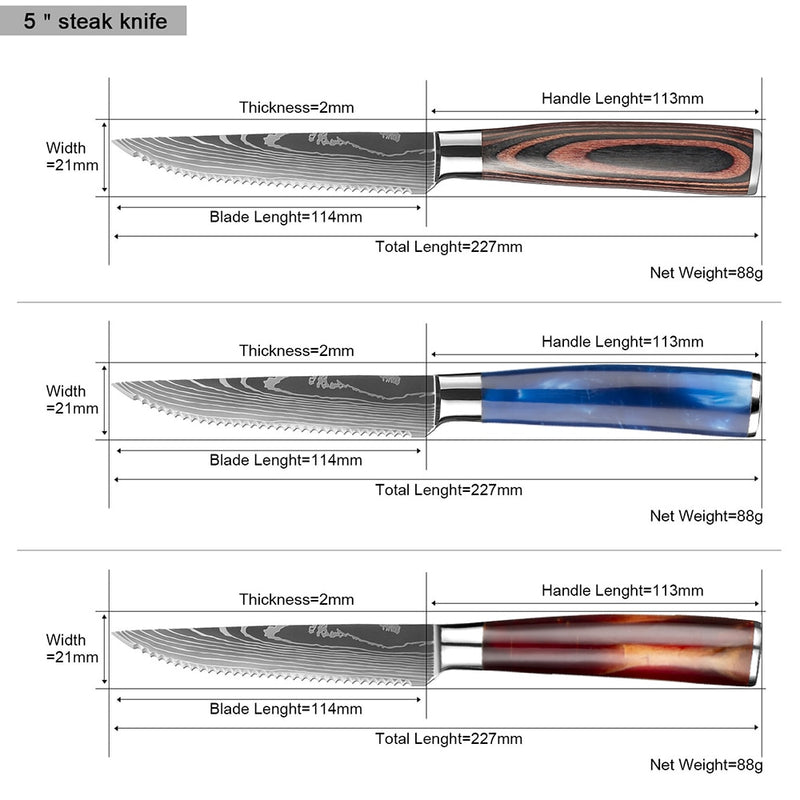 XITUO Steak Knife Set Damascus Pattern Stainless Steel Serrated Knife Beef Cleaver Multipurpose Restaurant Cutlery Table Knife