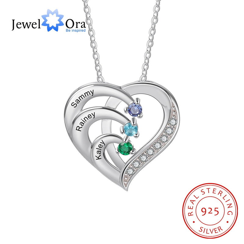 JewelOra 925 Sterling Silver Personalized Family Name Heart Necklaces for Women Customized Birthstone Engraving Mothers Necklace