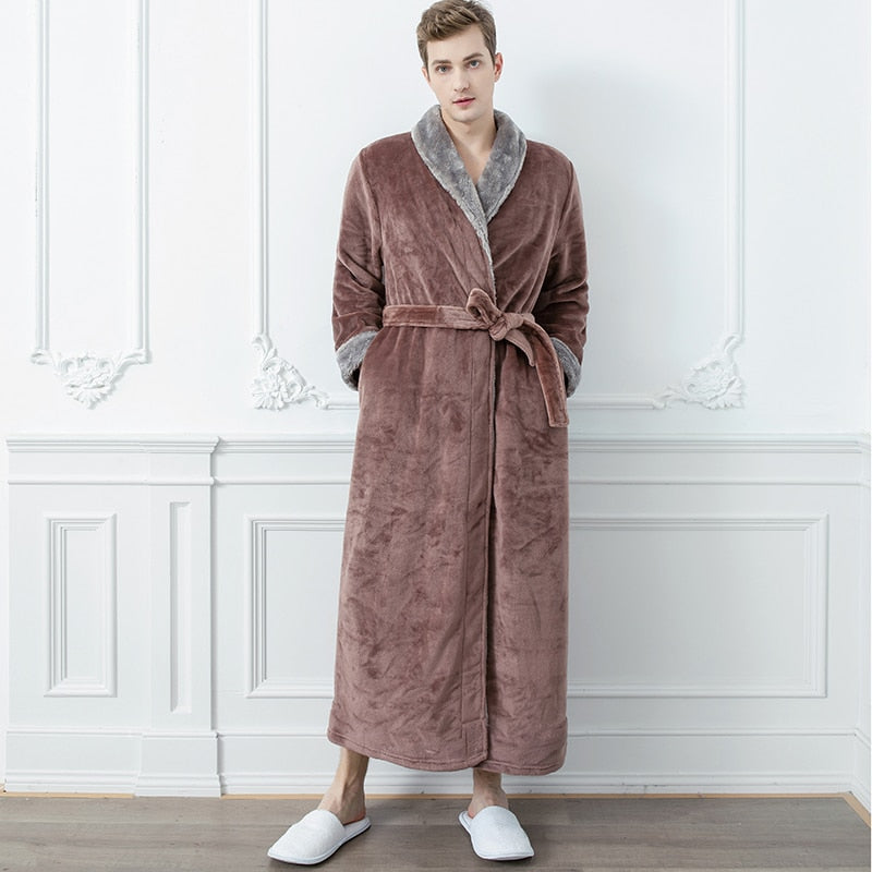 Men Winter Plus Size Long Coral Fleece Bathrobe Kimono Warm Flannel Bath Robe Men Cozy Robes Night Sleepwear Women Dressing Gown