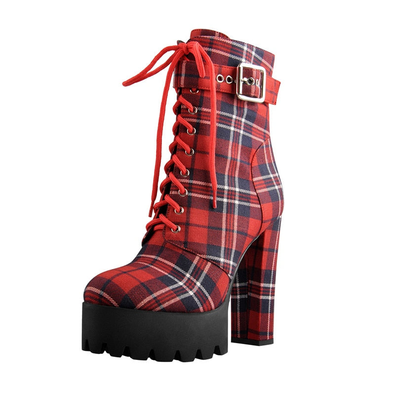 Botines de plataforma para mujer de OnlyMaker, botines de punta redonda con cremallera lateral y cordones de tela escocesa roja con correa y hebilla para invierno