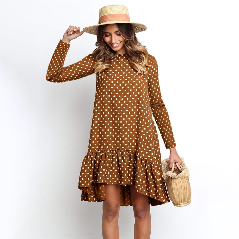 Lossky Women Spring Dress Fashion Polka Dot Print Ladies Casual Clothing Long Sleeve Mini Short Loose Yellow Dresses 2022 Autumn