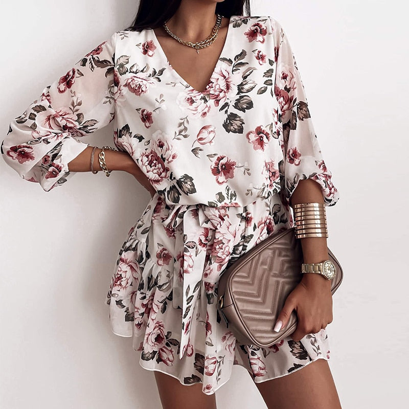 Spring Women's Chiffon V Neck Flower Print Dress Casual Long Sleeve Short Dress Female Boho Leisure A Line Party Vestidos 2021