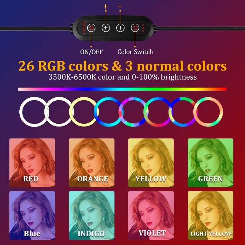 RGB Led Ring Light With Stand colorful Lighting 29 Colorlight,3 Normal Modes Dimmable Selfie 10inch Ring Light For Youtube Video