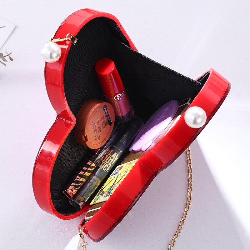 Unique Designer Acrylic Clutch Fashion Cute Red Heart Shape Pearl Chain Party Evening bag Women Shoulder Bags Hot Handbag Purses