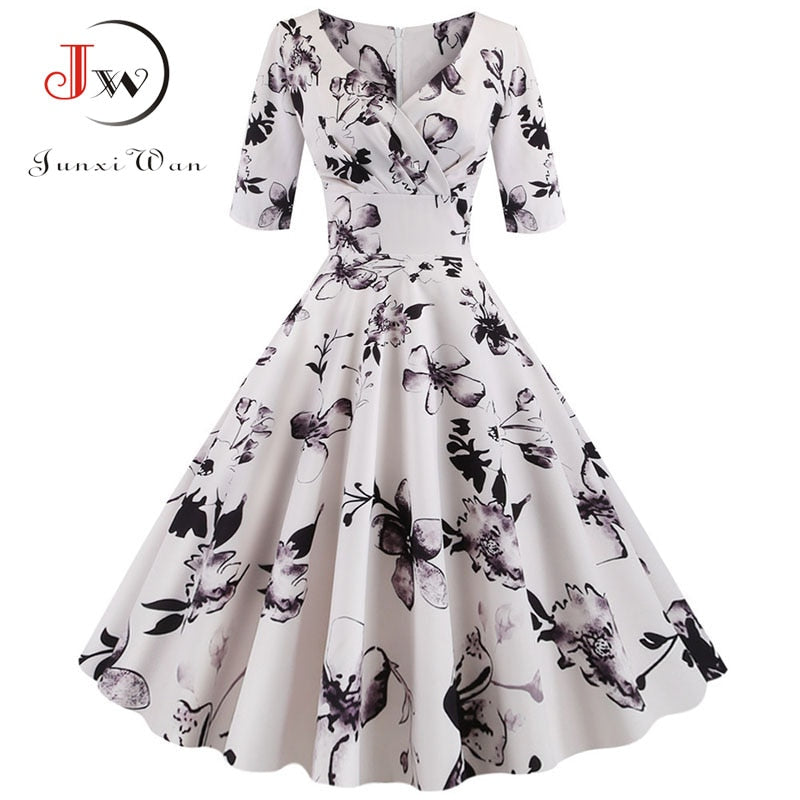 Women flower print Autumn dress Casual Winter half sleeve Elegant Vintage dress Robe femme  pinup office party vestidos