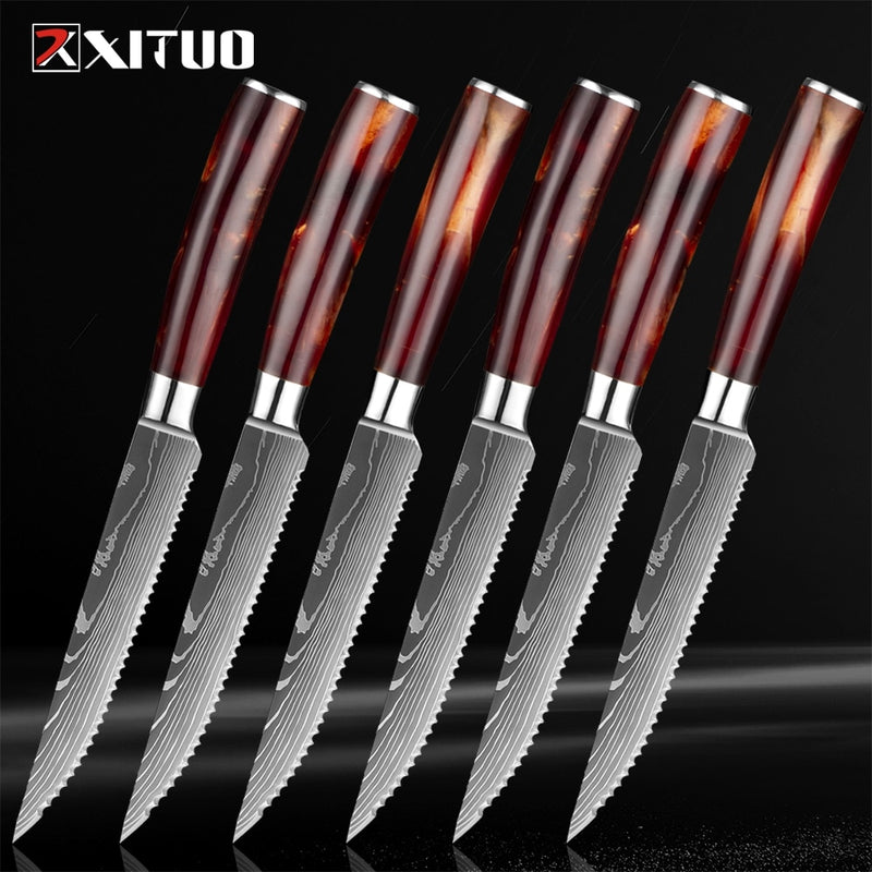 XITUO Steak Knife Set Damascus Pattern Stainless Steel Serrated Knife Beef Cleaver Multipurpose Restaurant Cutlery Table Knife