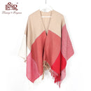 Women Winter Reversible Oversized Blanket Plaid Sweater Poncho Cape cashmere Shawl and wraps Cardigans Thicker pashmina scarf