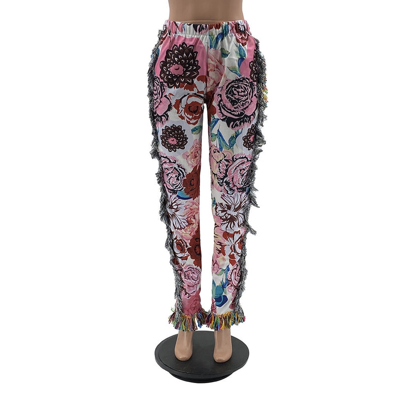 Quaste Patchwork Gestreifter Druck Joggerhose Frauen Rave Festival Kleidung 2021 Sommer Beiläufige Hohe Taille Bodycon Active Sweat Pants