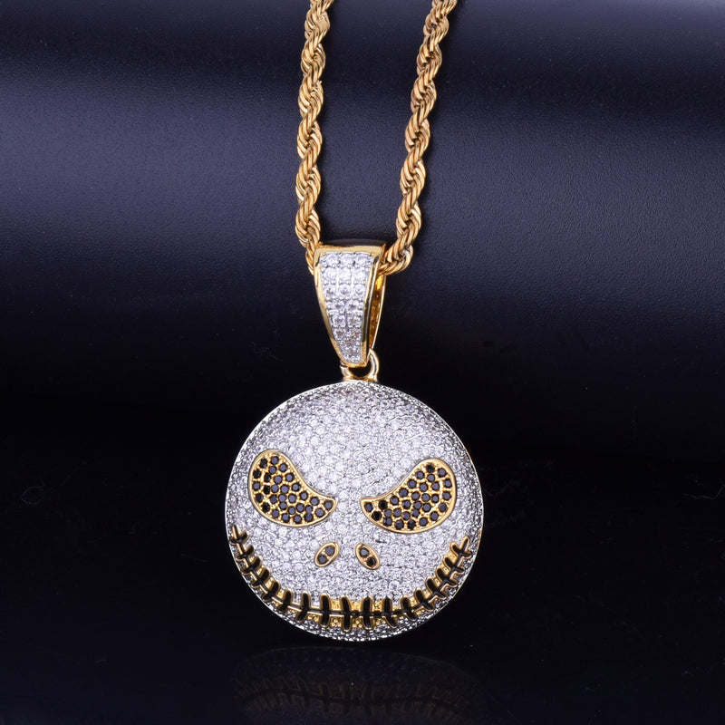 Character Round Face Pendant Necklace Gold Color Cubic Zircon Men&