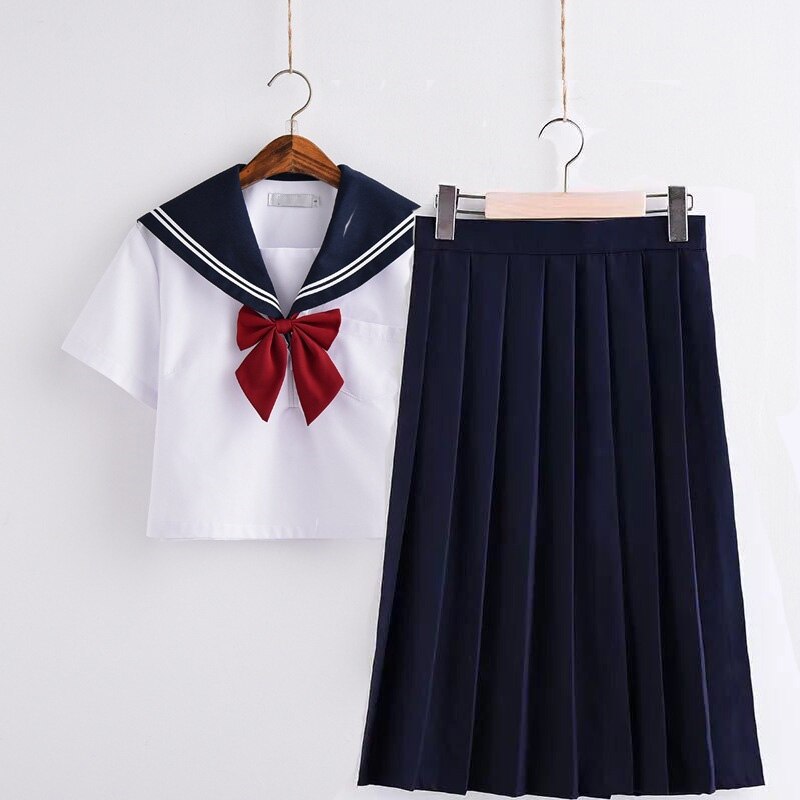 Süßer Matrosenanzug Langarm JK Schuluniform Sets für Mädchen Weißes Hemd und dunkelblauer Faltenrock passt Student Cosplay
