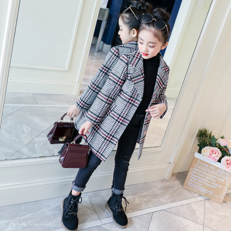 Kids Girl Overcoat Winter New Fashion Houndstooth Wool Coat for Girl Teens Autumn Jacket Long Thick Outerwear Children Windproof