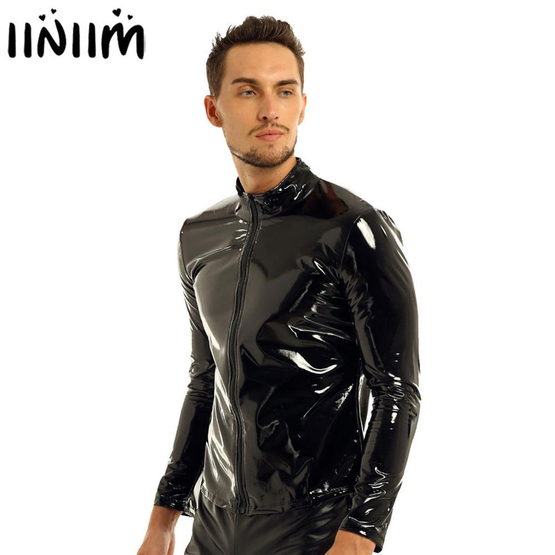 iiniim Men Shiny Metallic Long Sleeve Front-Zip Stand Collar Tops Wet Look Patent Leather Night Clubwear Shirt Top Performance