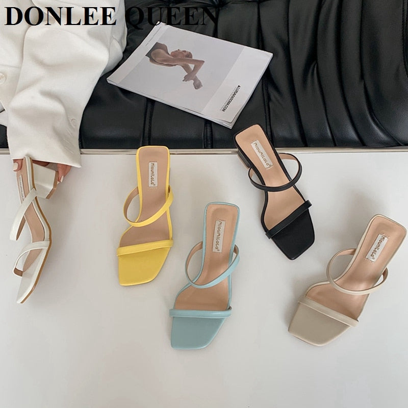 2022 New Summer Slippers Low Heels Slides Female Peep Toe Square Heel Slipper Brand Sandals Women Slipper Big Size 41 Flip Flops