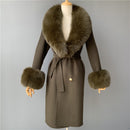 2020 Wool Coat Women Pied De Poule Natural Fox Fur Collar Cashmere Wool Blends Long Outerwear Ladies Streetwear
