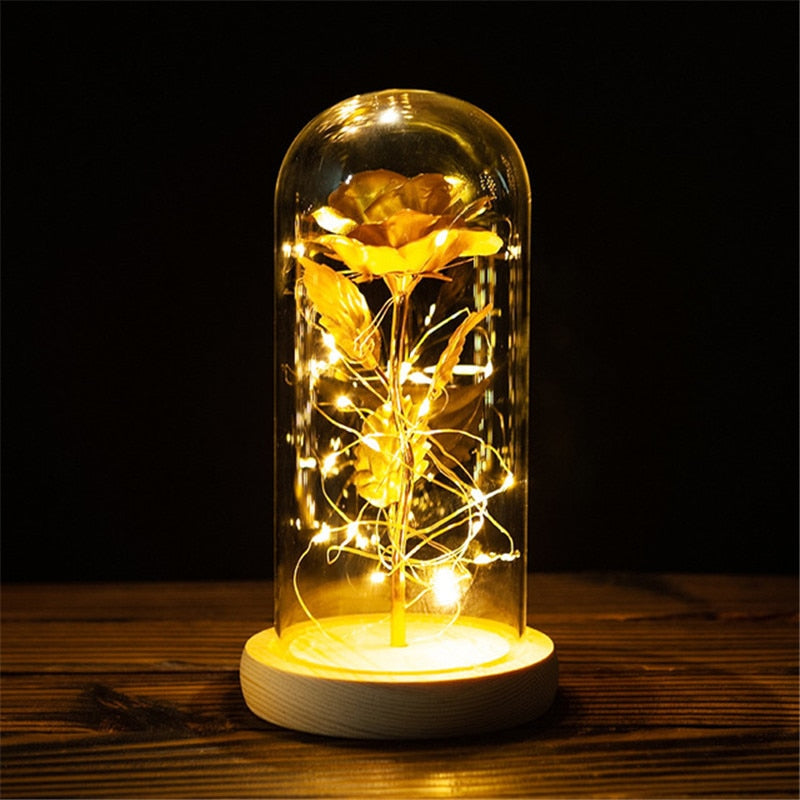 LED Enchanted Galaxy Rose Eternal 24K Gold Foil Flower con cadena de luces en cúpula para decoración del hogar Navidad regalo del Día de San Valentín