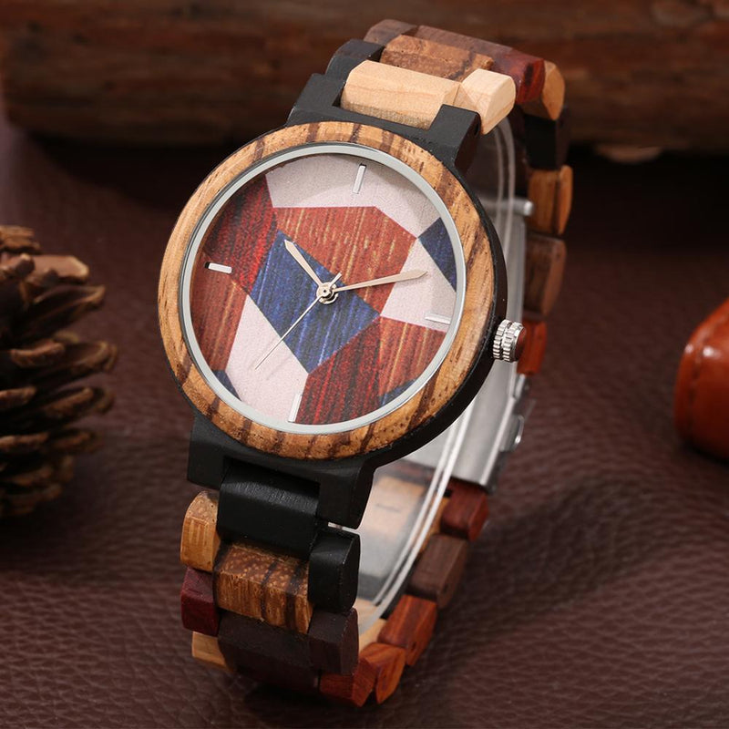 Unique Irregular Geometry Splicing Pattern Wood Watch Men's Clock Adjustable Mixed Color Wooden Retro Wristwatch Relojes Hombre
