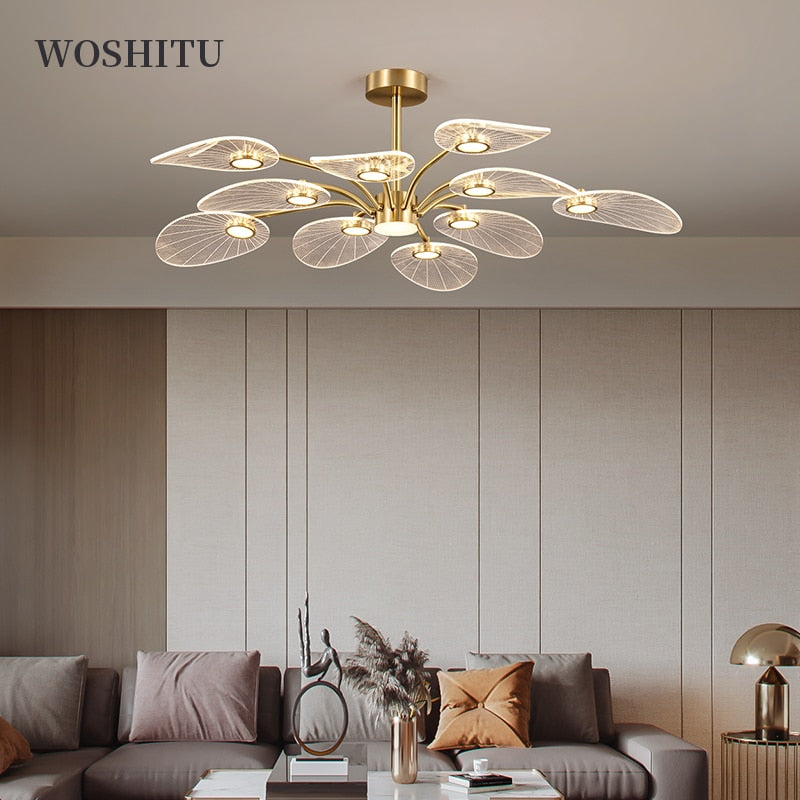 WOSHITU LED Ceiling Lamp Nordic Copper Chandeliers for Bedroom Living Room Lotus Leaf Shape Design Home Decor Lighting Fixture