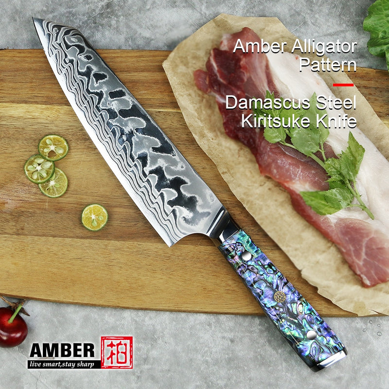 Amber Alligator Pattern 37 Layers Damascus Steel AUS10V Core Kitchen Knife TAX