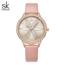 Relojes Shengke para Mujer, relojes de cuero con superficie de flores lineales, caja de cristal, movimiento de cuarzo japonés, Reloj para Mujer, Montres Femmes
