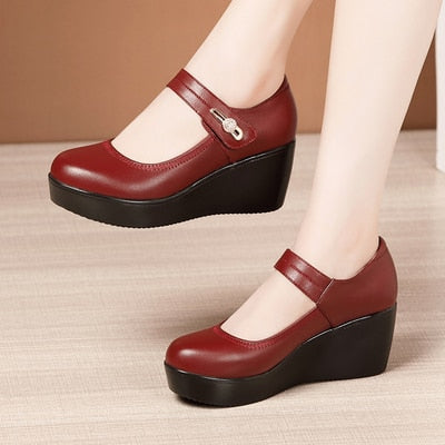 GKTINOO 2022, zapatos de cuero de primavera para mujer, zapatos de cuña con plataforma, tacones altos, punta redonda, zapatos de tacón negros cómodos para mujer, talla grande 33-43