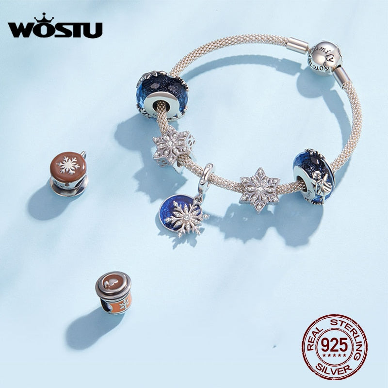 WOSTU 100% 925 Sterling Silver Snowflakes Fairy Charm Coffee Cup Bead Pendant Fit Original Bracelet Necklace Winter Jewelry Gift