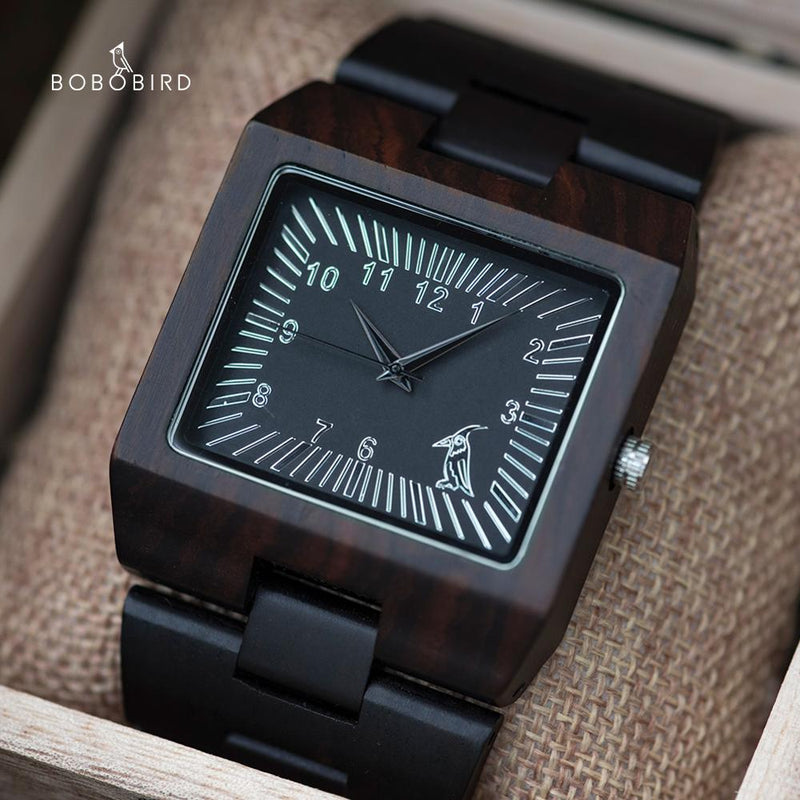 Relojes BOBO BIRD de madera de bambú para hombre, relojes de marca de lujo de diseño rectangular, reloj de banda de madera para hombre