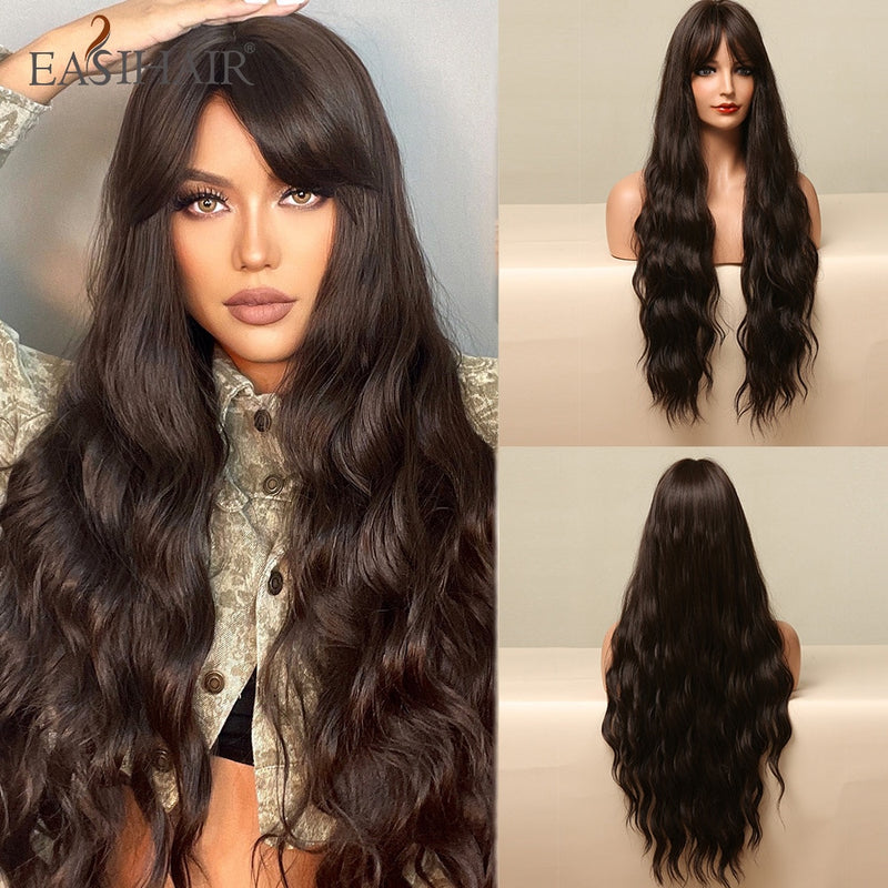 Pelucas EASIHAIR de color marrón claro con ondas de cuerpo largo y reflejos rubios, pelucas de pelo sintético resistentes al calor para Cosplay de parte media para mujeres