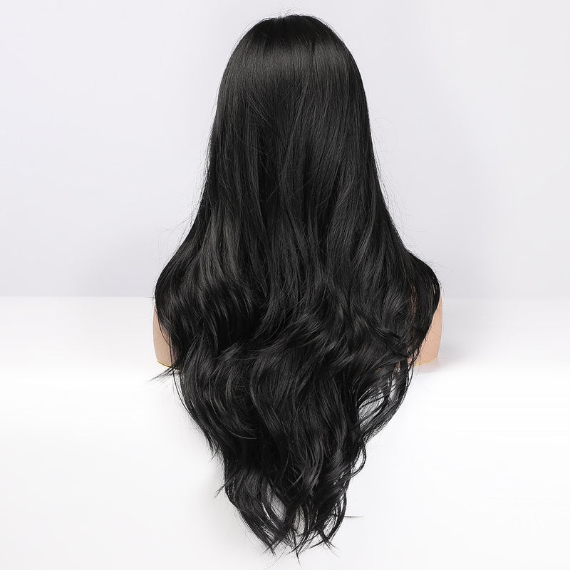 EASIHAIR Lange Schwarze Synthetische Perücken für Frauen Mittelteil Perücken Natürliches Haar Wellige Perücke Cosplay Hitzebeständige Schwarze Haarperücke