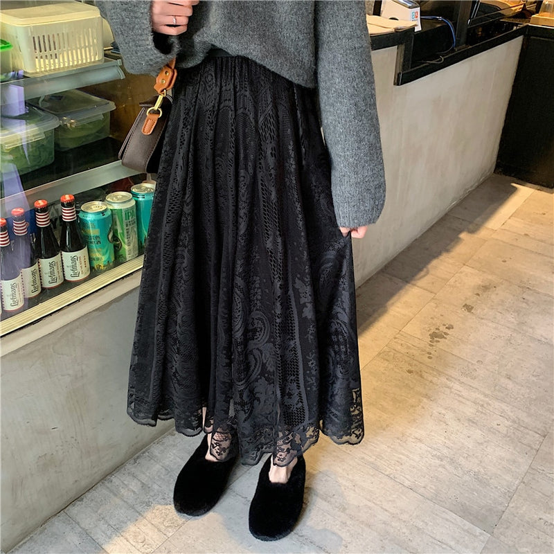 Faldas de encaje de cintura alta elástica Alien Kitty para mujer primavera otoño 2021 nuevo coreano elegante Casual A-line falda larga negra femenina