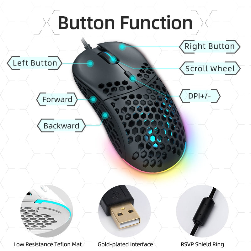 Machenike M6 Gaming Mouse RGB PMW3389 Computer Mouse Gaming 16000DPI Programable Ajustable PC Diseño hueco 60g Luz LED