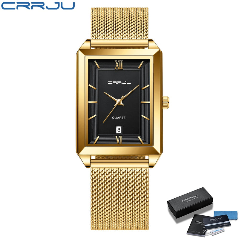 CRRJU Watch Men Top Brand Luxury Square Golden Quartz Stainless Steel Waterproof Wrist Watch Relogio Masculino