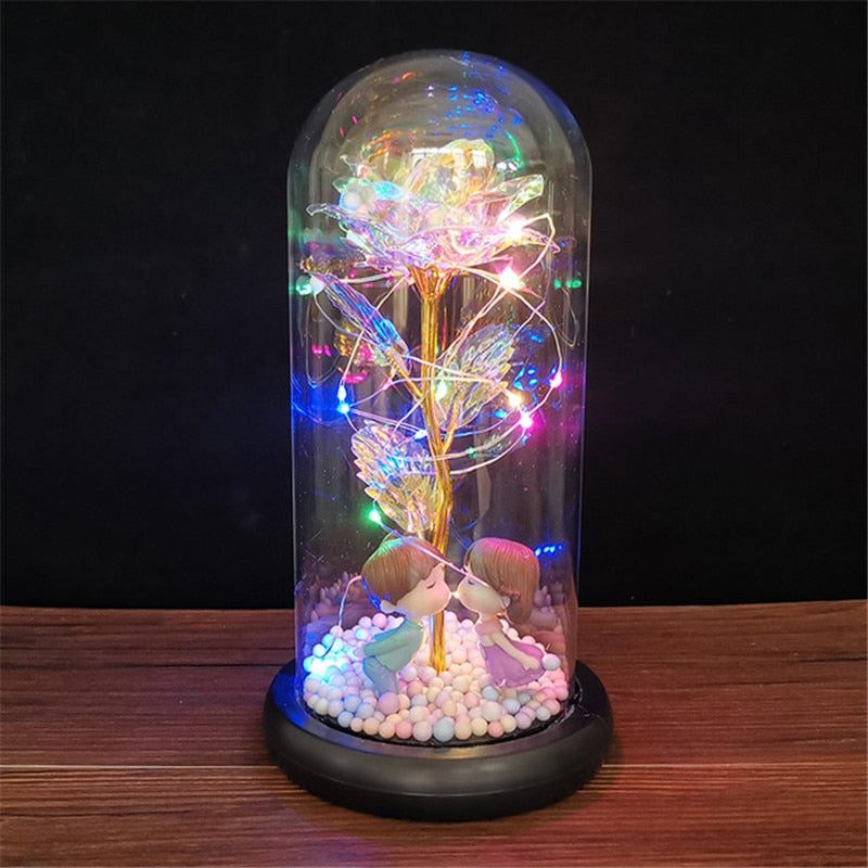 LED Enchanted Galaxy Rose Ewige 24 Karat Goldfolie Blume mit Lichterketten in Kuppel für Heimdekoration Weihnachten Valentinstagsgeschenk