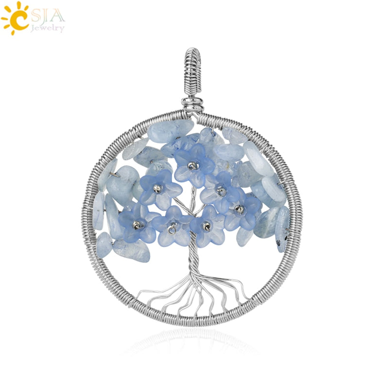 CSJA Baum des Lebens Anhänger Halskette Naturstein Silber Farbe Wire Wrap Quarz Kristall Chip Perle Blume Reiki Schmuck Frauen G306