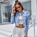 Benuynffy Vintage Puff Long Sleeve Crop Jean Jacket Women Spring Autumn Single Breasted Coat Female Outwear Casual Denim Jackets