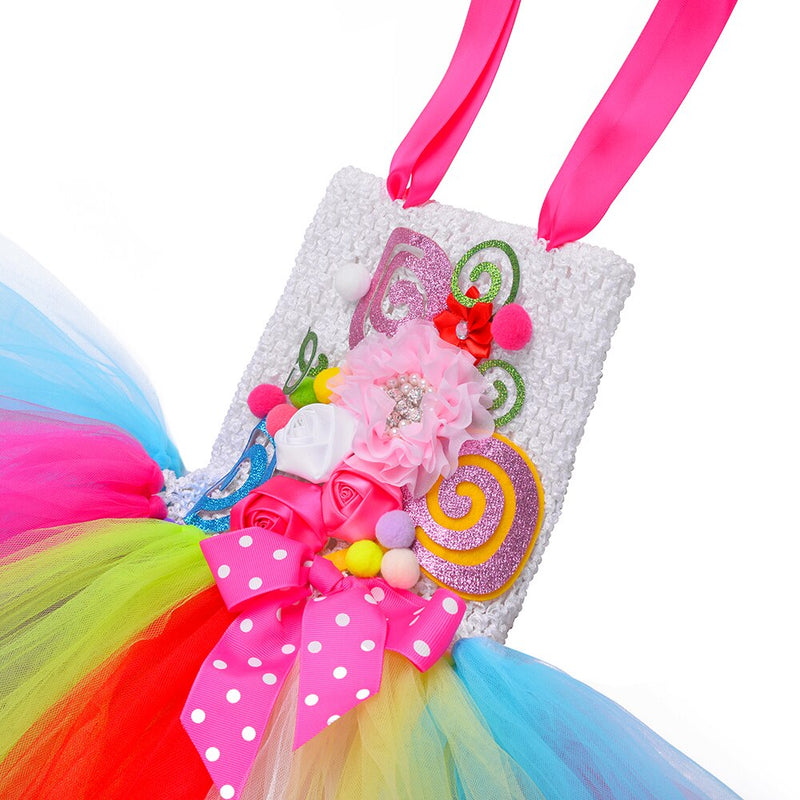 Sweet Rainbow Candy Tutu Dress for Girls Halloween Birthday Party Clothes Kids Flowers Bow Lollipop Candy Costume with Headband